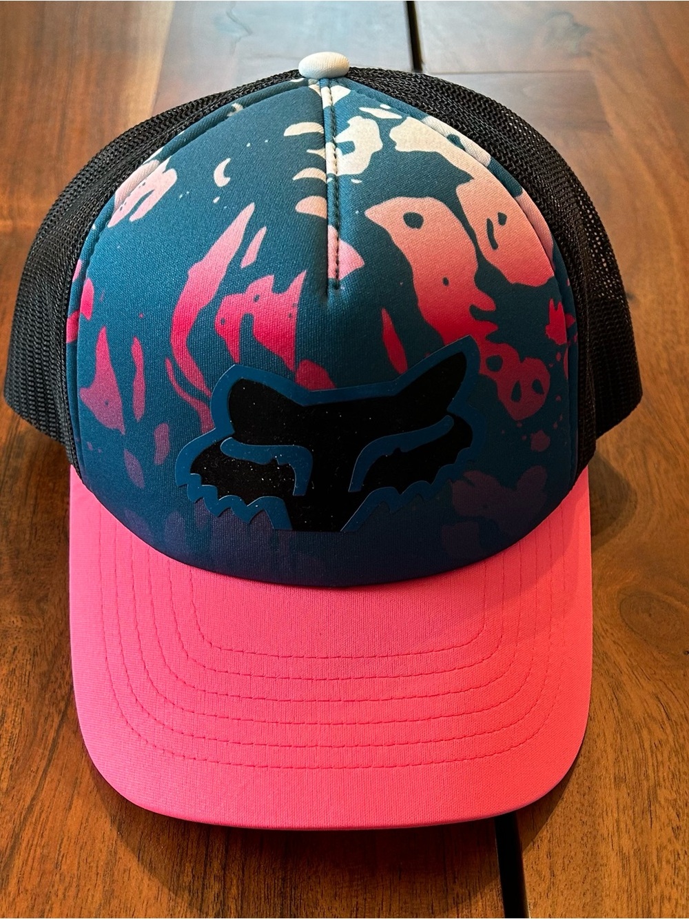 Fox Pink and Teal Trucker Hat with Black Mesh